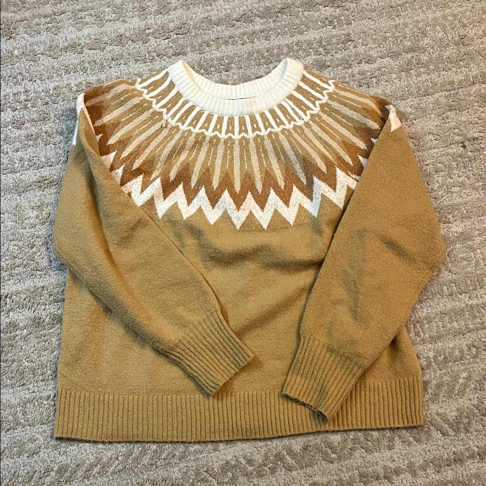 French Connection Essentials Tan and White Fair Isle Nordic Cozy Sweater XL